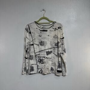 Chico’s Newsprint White Artsy Y2k Long Sleeve Top Sz 2